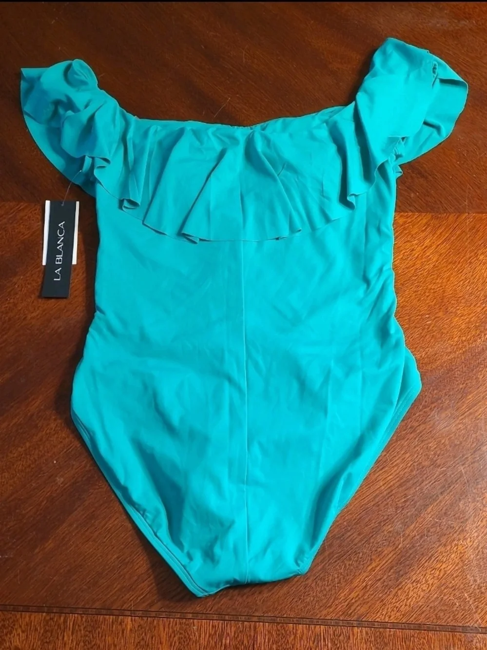 NWT La Blanca Off-the-shoulder Ruffle One-Piece Swimsuit Green Size 12 LB7BS10